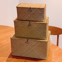 옥상점 사각 뚜껑 라탄 바구니 3종 베이지 색상(해초 바구니) (대 중 소 중 택1), 대형