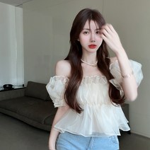 여성 레이스 크롭티 반팔 오프 숄더 크롭 블라우스 쉬폰 짧은 여름 공주 휴가 룩 여자