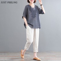 JUST FEEL!NG여성 레이스 카라 반팔 셔츠 반바지 면마 투피스 세트 루즈핏 빅사이즈 여름 자수 캐주얼 세트