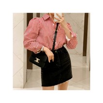[캣츠원피스] 퍼프소매 셔링 스트라이프셔츠