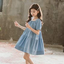 JS0605 여아 키즈 주니어 초등학생 여름 고퀄 코튼 린넨 마 쉬폰 면혼방 반팔 미디 롱 주름 플레어 원피스 드레스 치마 데일리 아동복