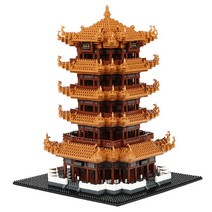 중국 스타일 호환 키덜트 블럭 브릭 옐로우 크레인 타워 성인 어려운 조립 완구 교육용 작은 입자, 단일사이즈, 황학탑   먼지통