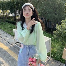 2022 여성용 셔츠 탑스 봄코코리 양~ 한과 부드럽고 상큼한 연두색 레이스 인형 넥타이 이어링 셔츠