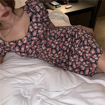 XINHUA 프랑스 레트로 허리 얇은 사각형 칼라 드레스 망치 플로럴 쉬폰 짧은 치마 ZB-252922