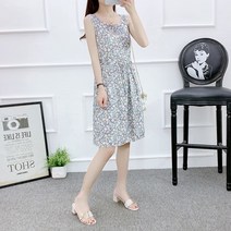 Makone 여성용 봄가을 시즌 원피스여름 끈형 블루 힙업 싱그러운 미디스커트 프린트 면 미디엄 이너 홈 원피스
