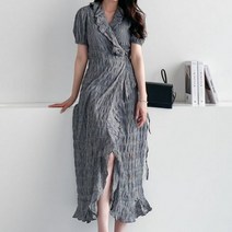 오드리쇼룸 브이넥 지지미 아사면 셔링 프릴 롱 로브 랩 원피스