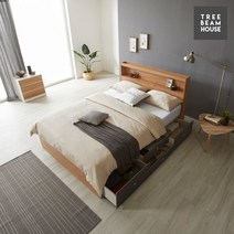 [트리빔하우스] LED조명 수납헤드 4단 서랍 수납 침대 - 슈퍼싱글[본넬스프링매트 포함]