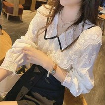리더스타 1-O-053 여성블라우스 여성셔츠 긴팔블라우스 루비 배색 카라 진주 레이스 블라우스