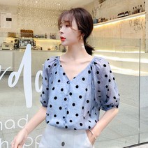 v넥 어깨셔링 도트무늬 벌룬5부소매 밴딩소매 루즈핏 면혼방 시폰 블라우스 lhy baba bs 0429054