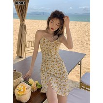 DFMEI 작은 트임 브이넥 옐로우 플라워 나시 원피스 쇼트 스커트