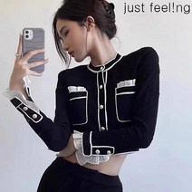 just feel!ng 여성 가을 블랙 니트 가디건 슬림핏 긴팔 숏코트 정장 크롭 품격있는 상의 코디