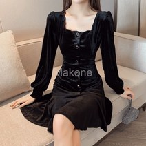 Makone 여성 원피스 루즈핏 원피스 루즈핏 원피스 롱 원피스 긴팔 원피스 긴팔 원피스모조 벨벳 블랙 원피스
