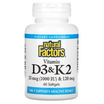 Natural Factors 비타민D3 K2 소프트젤 60정, One Color, One Size, 1개