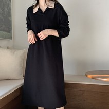 [스위트플러스] 임부복 링클 기모 배색카라 슬릿 임산부 원피스, 다크베이지