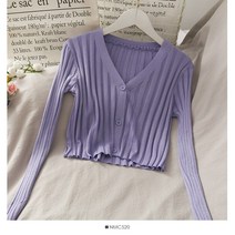 칼라 소프트 코디 단가라 오피스룩 단추 탑 패턴 스트라이프 가디건 골지 퍼플