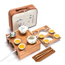 ODOBUY 휴대용 다도 세트 다기 차판 차도구 찻잔 전통 중국 도자기 6인 캠핑 선물, 배수문양-대나무