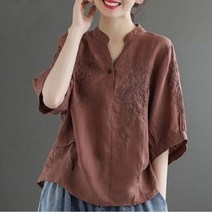 AIRASI 여성 린넨 블라우스 셔츠 반팔 빈티지 자수 여름