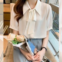 블루 나비 넥타이 쉬폰 셔츠 봄 여름 패션 블라우스 2023 짧은 소매 우아한 한국 스타일 캐주얼 의류 여성을위한