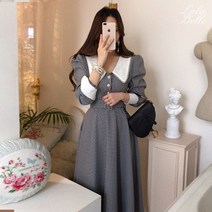 라라벨 여성용 원피스 멜로 카라넥 진주버튼 벨트 체크 퍼프 로맨틱 원피스