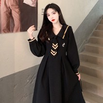 하객룩대형 가을 치마 여성 지방 자매 복고풍 네이비 칼라 긴 소매 드레스 학술 스타일 커버 고기 슬림 요정 드레스데일리룩데일리룩데일리룩