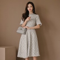 가을 데이트 트위드원피스 돌잔치 하객룩 상견례 추석 미니 드레스 원피스 여성용 우아한 트위드 슬림 하의 라운드넥 반팔 하이웨이스트 라인 여름 패션