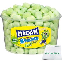 HARIBO Maoam Kracher 사워 질기 사탕 사과 녹색 제한 (975g 라운드 주석) + USY 블록