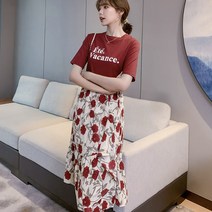 투피스 세트 여름 원피스 레터링티+플라워 스커트