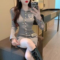Sevalo 2022 초봄 여성 글래머 슬림 니트 원피스 쇼트 조임 힙스터 스커트 칼라 싱글 버튼 디자인