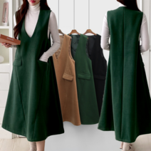 (원가세일)딥브이넥 A라인 민소매 울혼방 레이어드 모직 롱원피스 DK