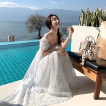 프린세스 블루 스퀘어넥 롱 플레어 원피스 휴양지 바캉스 리조트 외국 신혼 여행 여름 휴가 룩 94