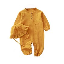 아기 점프수트 면 유아용 우주복 유니 긴소매 롬퍼 의상 귀여운 보닛 포함 옐로우