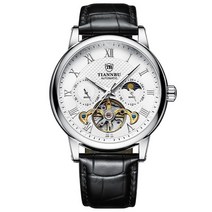 TIANBU 오토매틱 문페이즈 남성 가죽밴드 손목시계