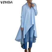 비대칭 블라우스 여성 캐주얼 불규칙한 밑단 블라우스 파티 셔츠 VONDA 2021 가을 긴 소매 보헤미안 탑 플러스 사이즈 블라우스