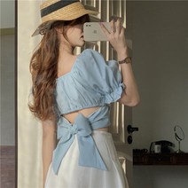 랩블라우스 블루 셔츠 여자 디자인 여름 트렌디 프릴 벨벳 데이트룩 나들이룩 리본 반팔 티