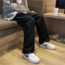 남자명품청바지 연청바지 남성 홍콩 스타일 와이드 레그 스트레이트 블랙 데님 바지 잘 생긴 하이 스트리트 헐렁한 오버 사이즈 - 캐주얼 힙 스터 레트로