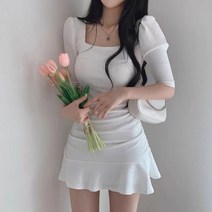 망고베이비 스퀘어넥 골지 슬림 퍼프소매 미니 원피스