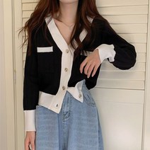 마쿠쿠 배색 오픈형 단추 골지 여성 브이넥 크롭 니트 가디건 니트티
