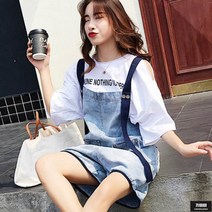 가바바 여성 빅사이즈 청반바지 멜빵끈이 포인트 멜빵바지 데님 반바지 G46968