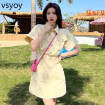vsyoy 순수한면 복고풍 짧은 소매 드레스 여성 여름 허리 슬리밍 캐주얼 툴링 짧은 치마
