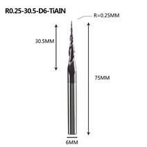 스탠다드툴 텅스텐 솔리드 카바이드 엔드 밀 4mm 6mm 8mm 볼 노즈 테이퍼 엔드 밀 라우터 비트 CNC 테이퍼 목재 금속 밀링 공업용 다목적 얇은 긴 짧은, R0.25-30.5-D6-TiAlN