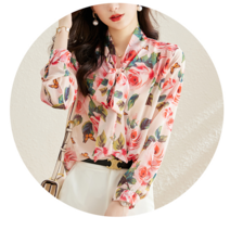 30 40대 미시 리본타이 꽃무늬 플라워 장미 핑크 쉬폰 블라우스 출근 하객 77 까지