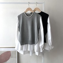 코디 세트 프릴 면 블라우스+뒷트임 니트 조끼 베스트 2컬러