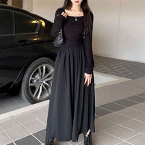 여성 맥시 니트 원피스 발목 블랙 롱 스커트 가 ​​겨울 지방 MM 졸라 매는