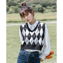 위위브렌 여성 쇼트 유연하다 아가일 베스트 조끼