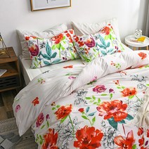 유럽 꽃 침구 세트 레드 로맨틱 이불 커버 베개 퀸 킹 더블 싱글 침대