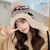 그린코코 후리스 니트 래빗 퍼 귀돌이 털 방울 모자