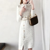 예복원피스 아나운서 빅사이즈 우아한 빈티지 진주 싱글 브레스트 벨트 트위드 미니 드레스 여성용 럭셔리