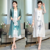 RF-10 중년 여성 플라워 패턴 원피스 + 쉬폰 가디건 SET 여름 정장 원피스 세트