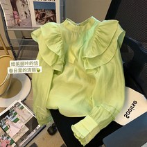 프릴블라우스 목 라인 프릴 넥 카라 블라우스 그린 셔츠 여성 봄 디자인 감각 틈새 프렌치 기질 하이엔드 러플 쉬폰