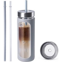 뚜껑 코드린 24온스 유리 물 텀블러 와이드 마우스 병 빨대 실리콘 보호 슬리브 회색, 1팩 그레이